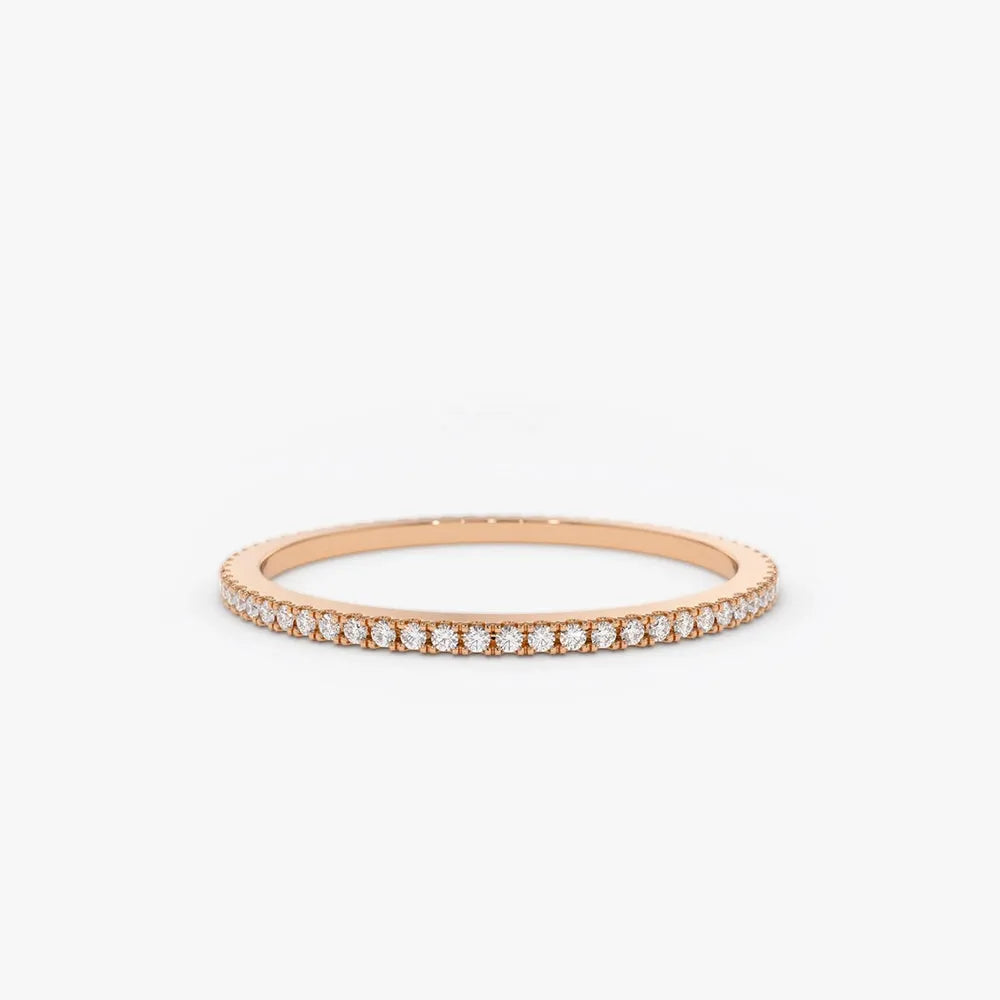 14K Gold Round Diamond 1mm Ultra Thin Micro Pave Eternity Wedding Band Stackable