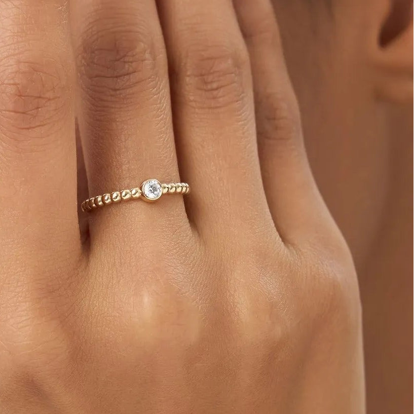 14K Gold Round Diamond 0.05 ctw Beaded Bezel Solitaire Ring