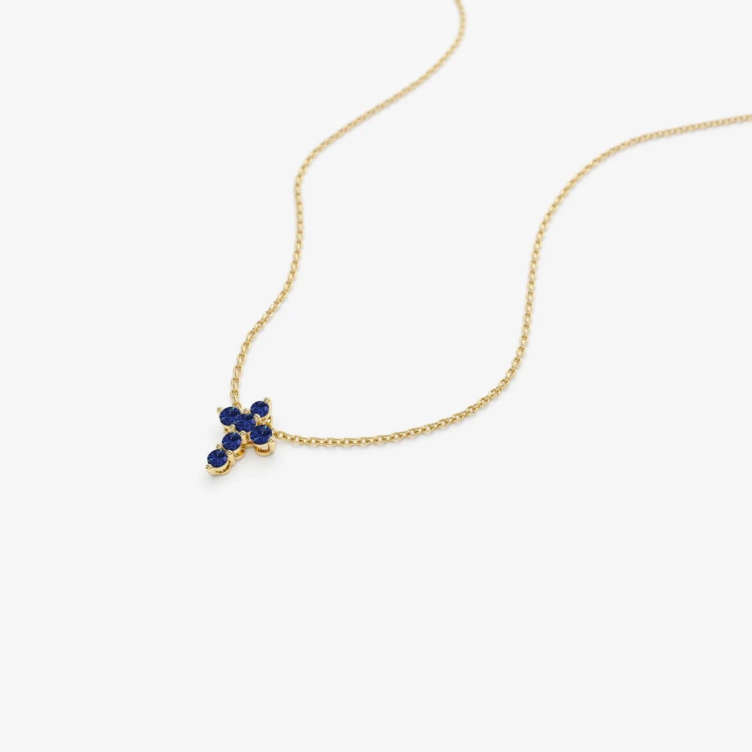 14k Solid Gold Round Sapphire Tiny Cross Pendant Necklace 0.20 Carat Prong Setting