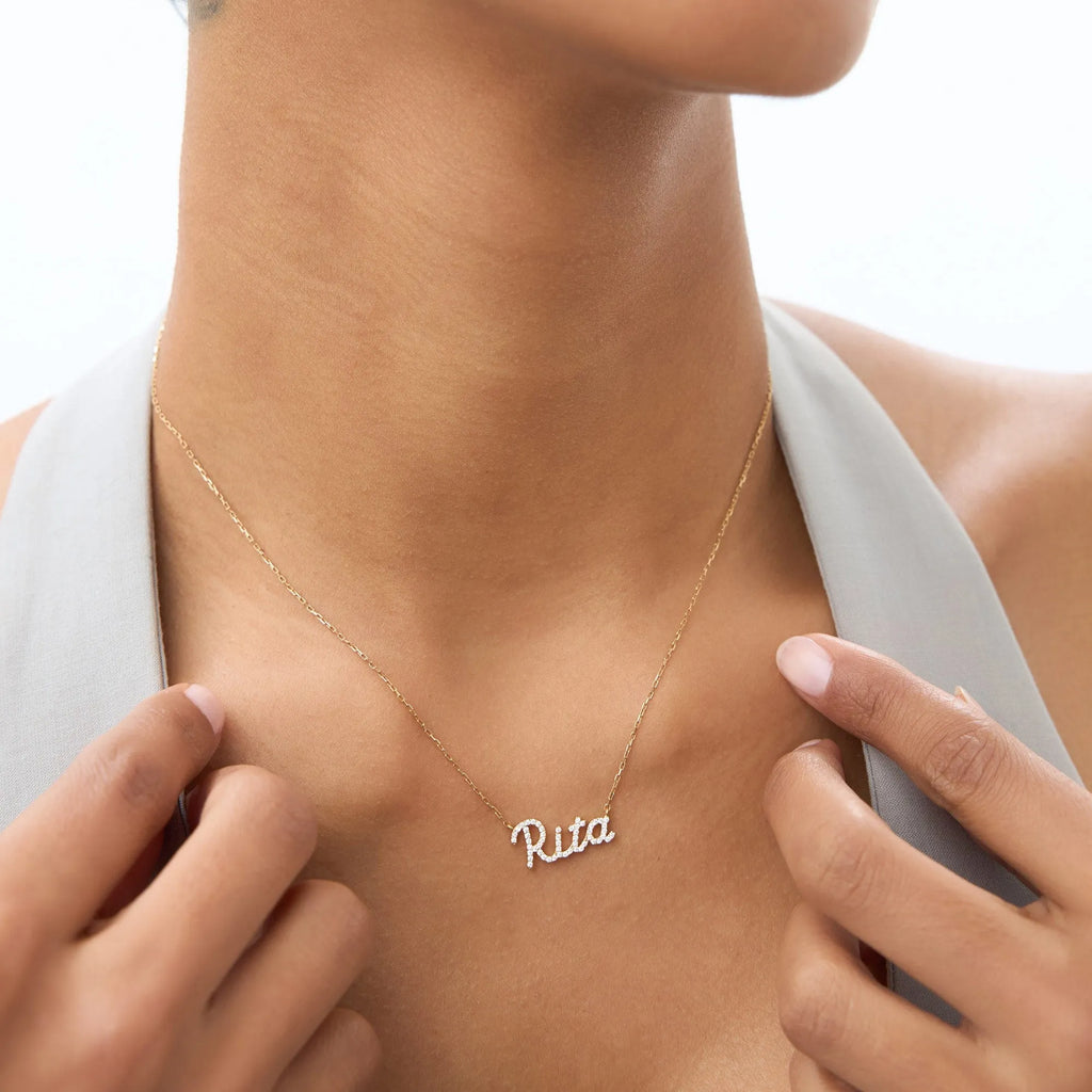 14K Solid Gold Round Diamond Personalized Name Necklace 0.15 CTW Per Letter