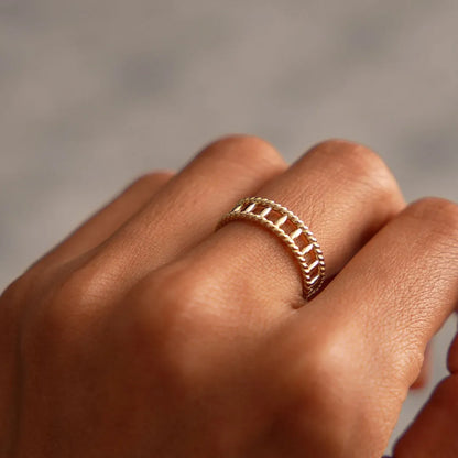 14k Gold Double Rope Link Ring 5.3mm Wide Statement Band