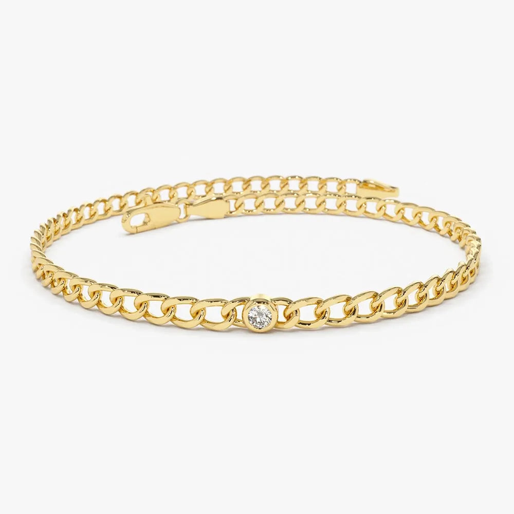 14K Solid Gold Lab Grown Diamond Round Bezel Cuban Link Chain Bracelet 0.6 Carat
