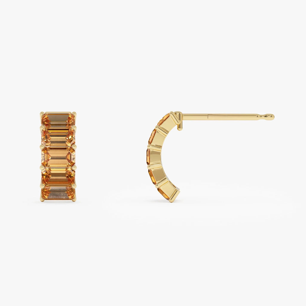 14K Solid Gold Octagon Cut Citrine Half Hoop Earrings 2.95ctw
