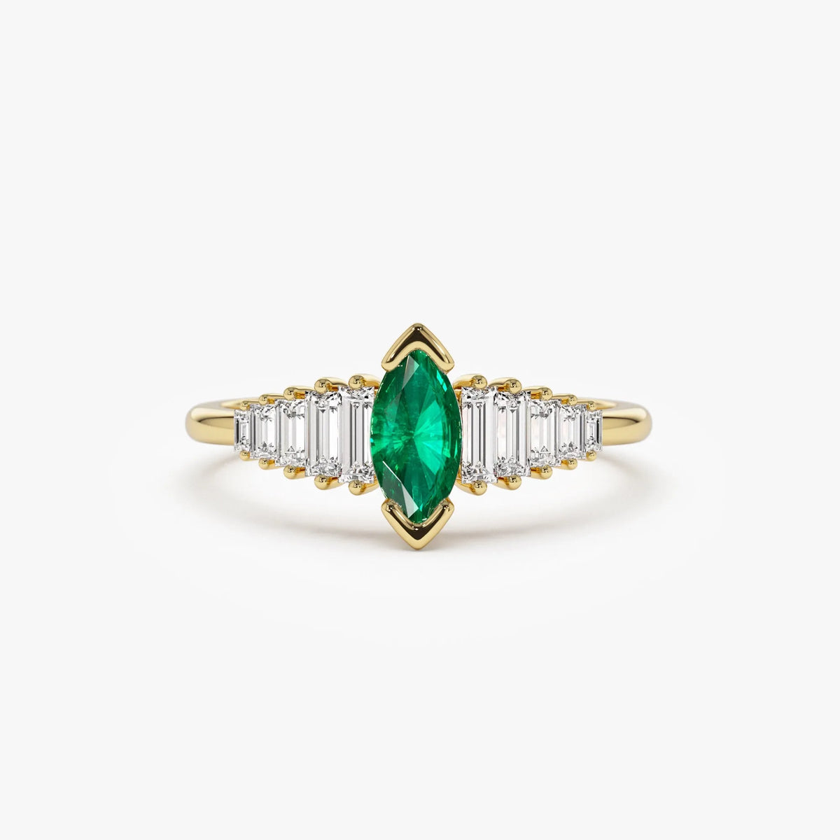 14K Solid Gold Marquise Emerald and Baguette Diamond Ring 0.75 CTW
