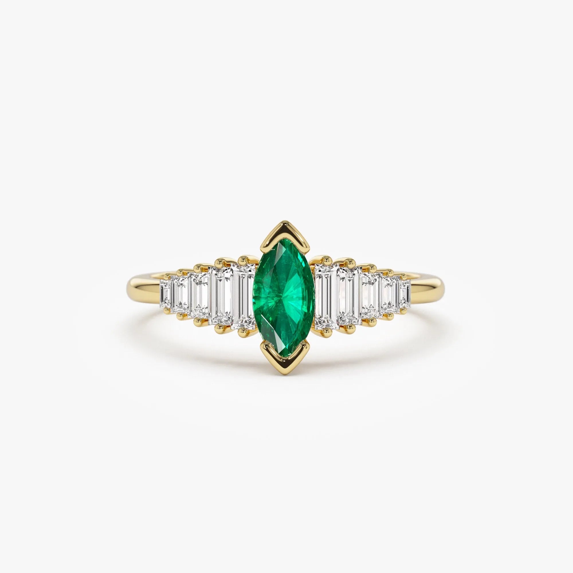 14K Solid Gold Marquise Emerald and Baguette Diamond Ring 0.75 CTW