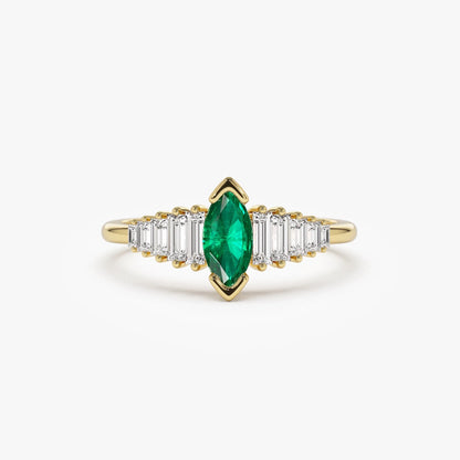 14K Solid Gold Marquise Emerald and Baguette Diamond Ring 0.75 CTW