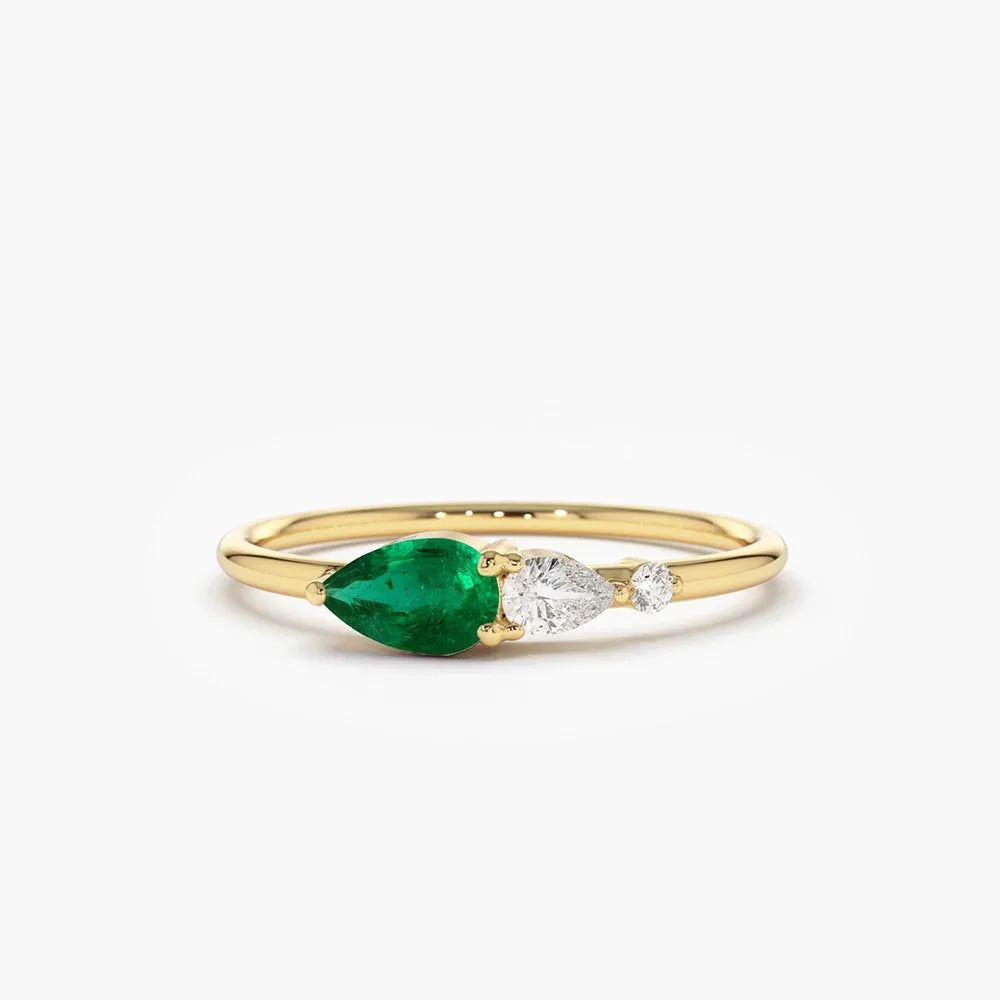 14K Solid Gold Pear Emerald and Round Diamond Three Stone Ring 0.30 CTW Handcrafted Jewelry