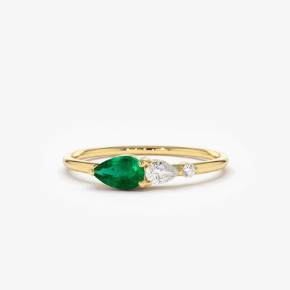 14K Solid Gold Pear Emerald and Round Diamond Three Stone Ring 0.30 CTW Handcrafted Jewelry