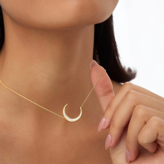 14K Solid Gold 0.25 CTW Round Diamond Large Crescent Moon Necklace