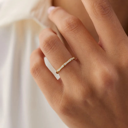 14k Gold Round Diamond Bamboo Pave Ring 0.15 ctw 2mm Band