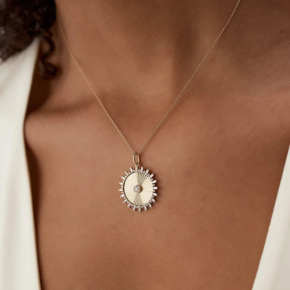14K Solid Gold Baguette and Round Diamond Disc Ray Pendant Necklace 0.55ctw