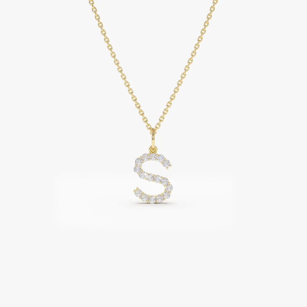 14K Solid Gold Round Diamond Medium Initial Letter Pendant Necklace 0.30ctw