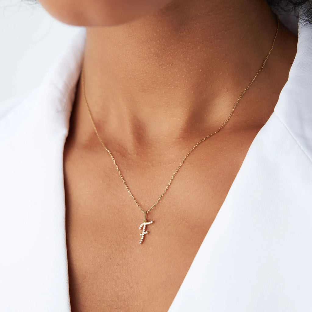 14K Solid Gold 0.15 CTW Round Diamond Script Initial Necklace