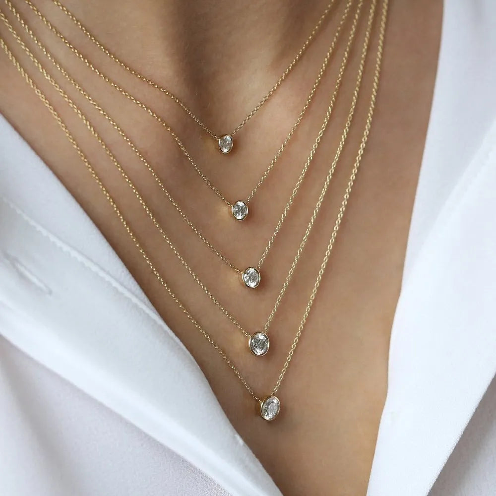 14K Solid Gold Round Diamond Solitaire Necklace Bezel Set 0.50ctw
