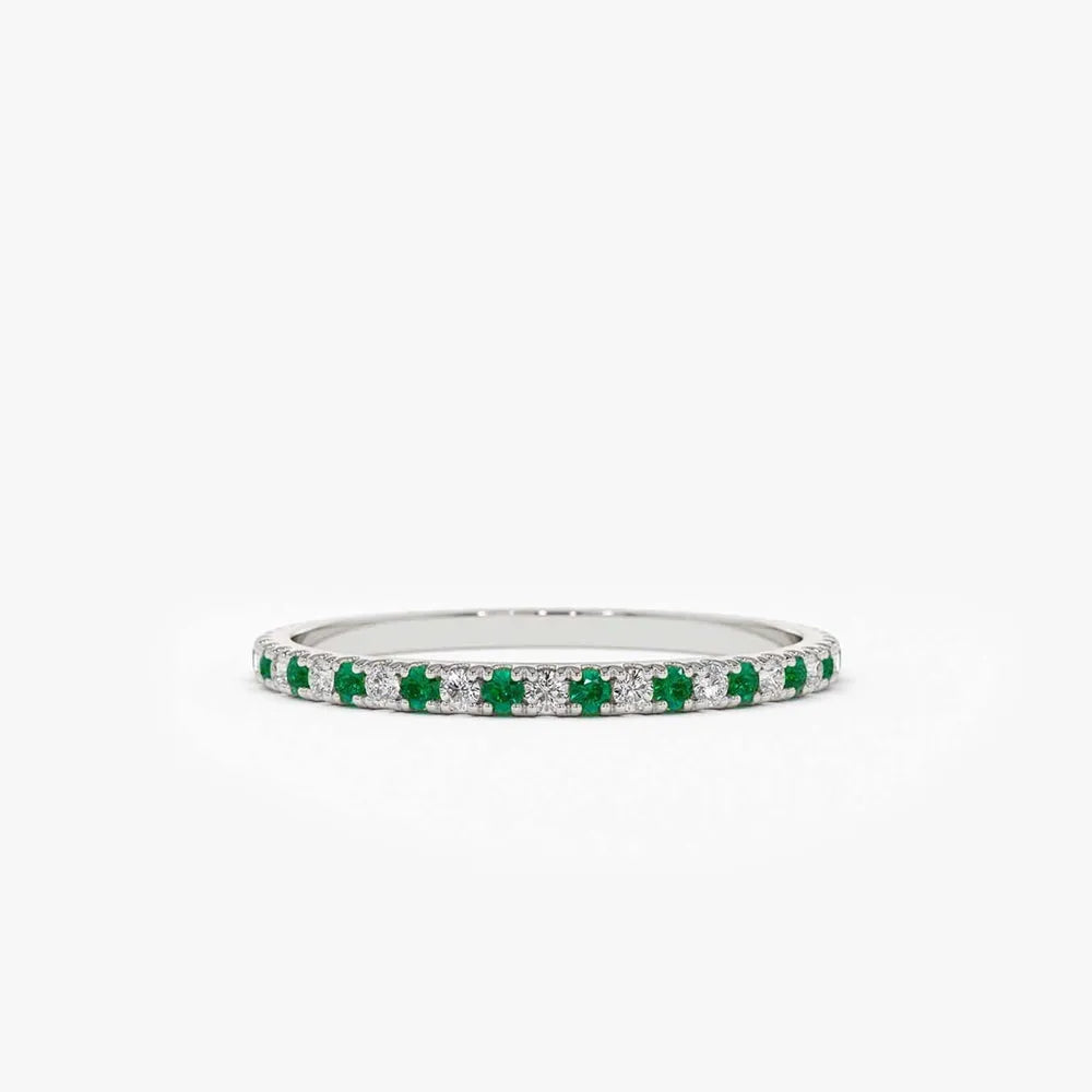 14K Solid Gold Round Emerald and Diamond Alternating Eternity Ring 0.36 CTW U Setting Micro Pave