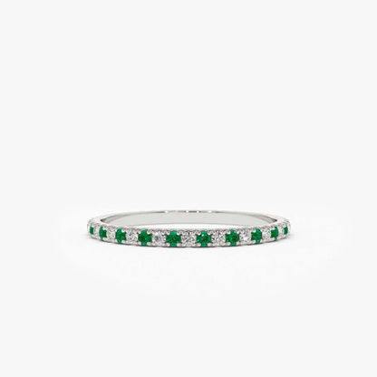 14K Solid Gold Round Emerald and Diamond Alternating Eternity Ring 0.36 CTW U Setting Micro Pave
