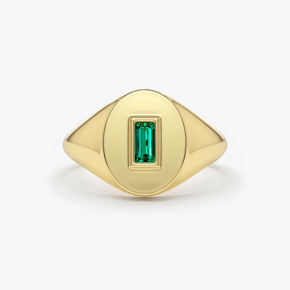 14K Solid Gold Baguette Emerald Bezel Set Signet Ring 0.15 CTW Handcrafted Jewelry