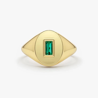 14K Solid Gold Baguette Emerald Bezel Set Signet Ring 0.15 CTW Handcrafted Jewelry