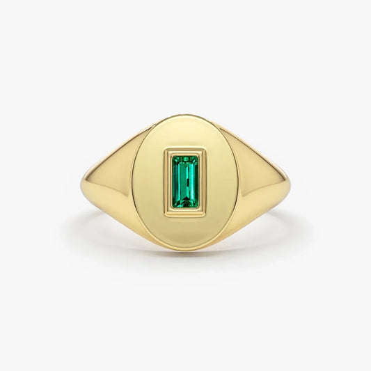 14K Solid Gold Baguette Emerald Bezel Set Signet Ring 0.15 CTW Handcrafted Jewelry