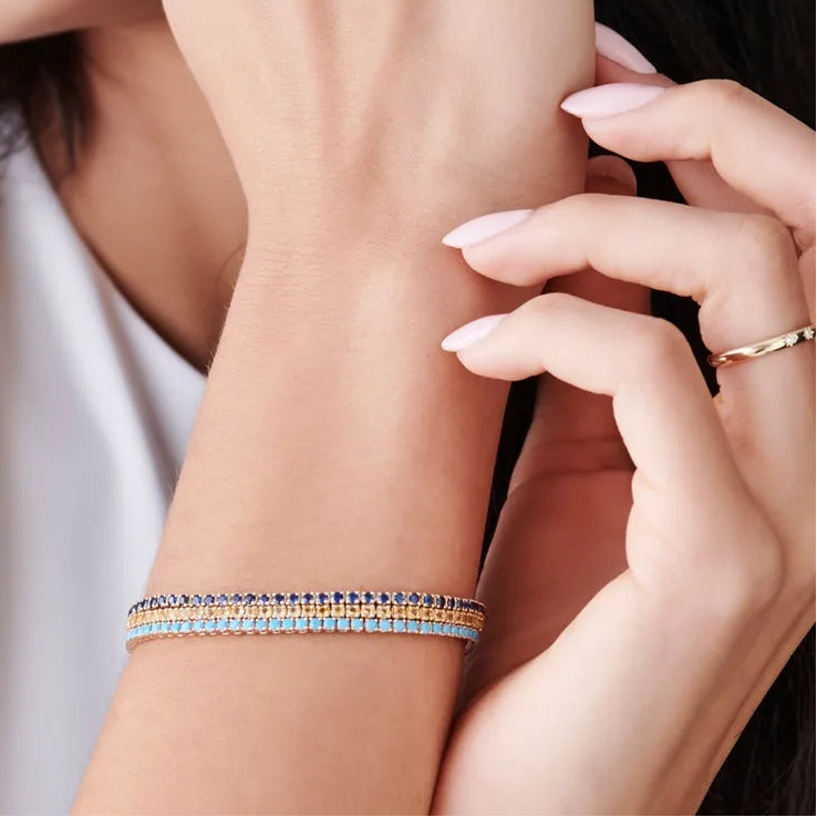 14k Gold Round Turquoise 4 Prong Tennis Bracelet