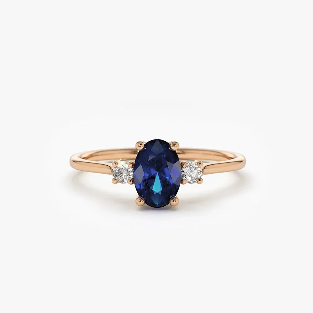 14k Gold Sapphire and Diamond Oval Cut Three Stone Ring 0.62 ctw