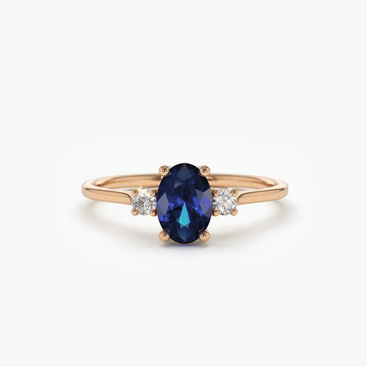14k Gold Sapphire and Diamond Oval Cut Three Stone Ring 0.62 ctw
