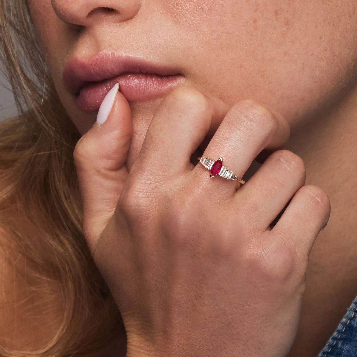 14k Gold Ruby and Diamond Marquise and Baguette Cut Ring 0.78 ctw