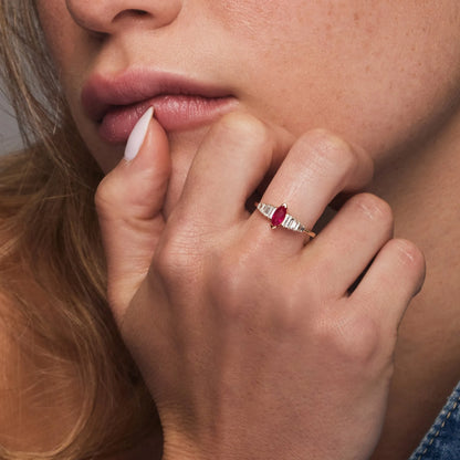 14k Gold Ruby and Diamond Marquise and Baguette Cut Ring 0.78 ctw