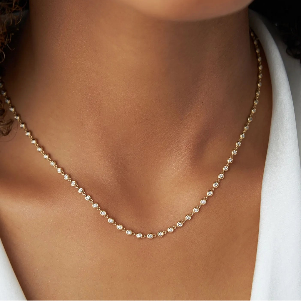 14K Solid Gold Round Diamond Bezel Set Tennis Necklace 1.65ctw