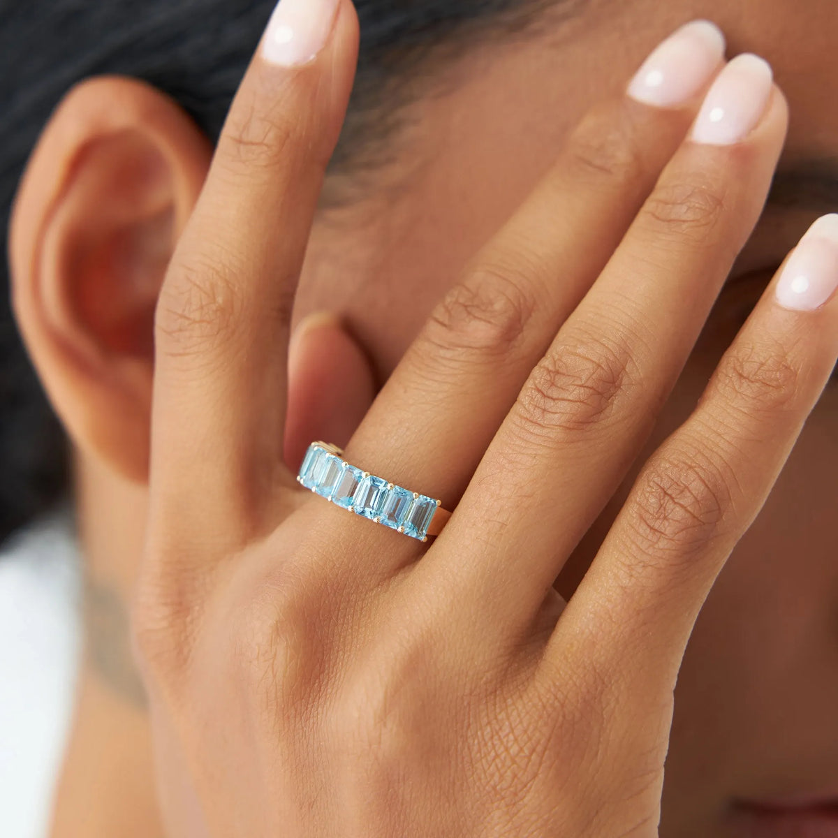 14K Solid Gold Emerald Cut Swiss Blue Topaz 3.00 Carat Nine Stone Ring