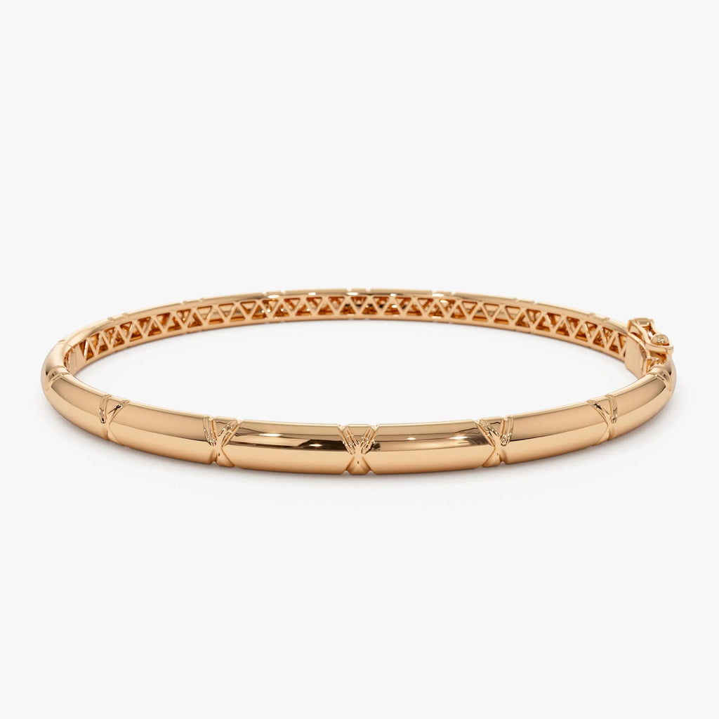 14K Gold 4MM Wide Dome X Cut Design Bangle Bracelet