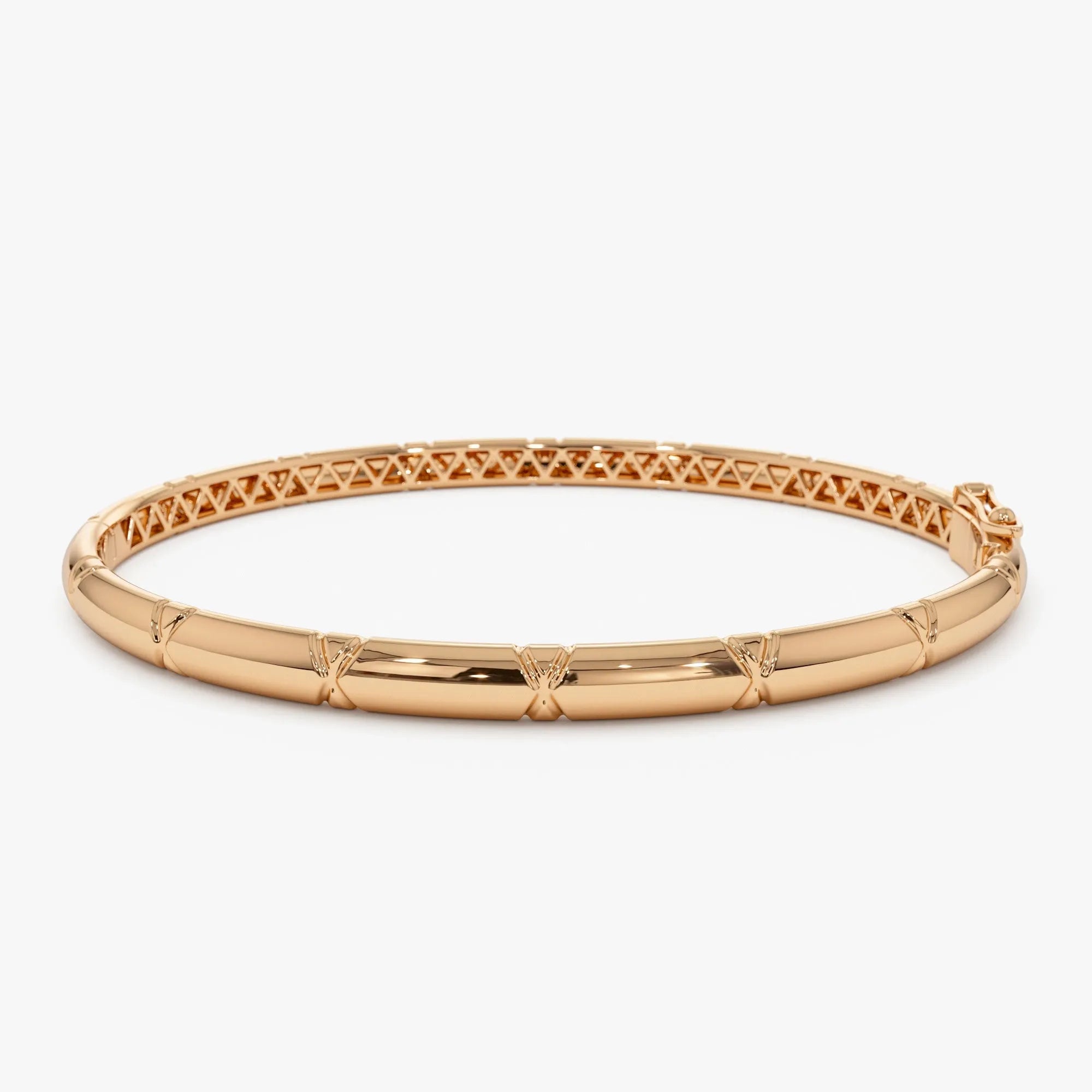 14K Gold 4MM Wide Dome X Cut Design Bangle Bracelet