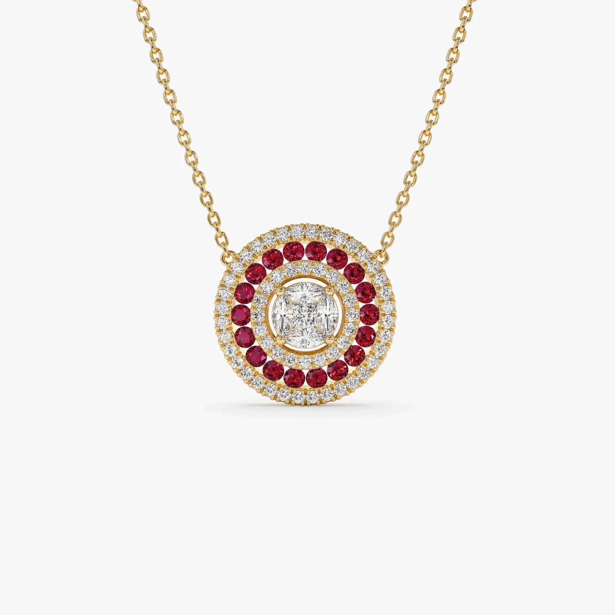 14k Solid Gold Ruby and Diamond Round Princess Marquise Illusion Medallion Necklace 0.75 Carat