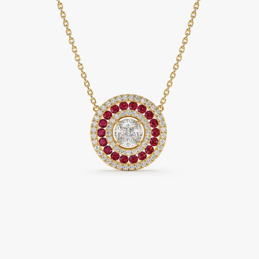14k Solid Gold Ruby and Diamond Round Princess Marquise Illusion Medallion Necklace 0.75 Carat