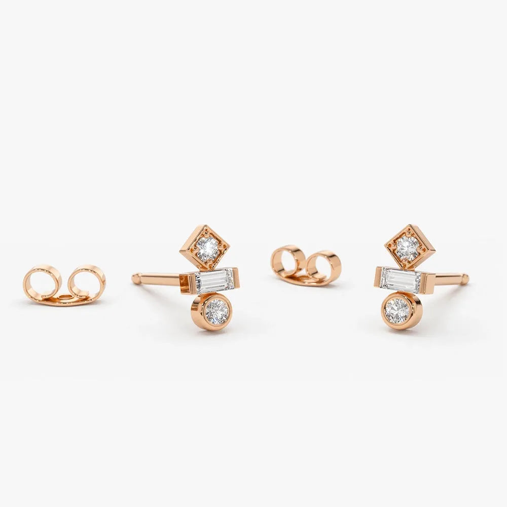 14k Gold Diamond Baguette and Round Cut Earrings Bezel Micro Prong 0.19 ctw