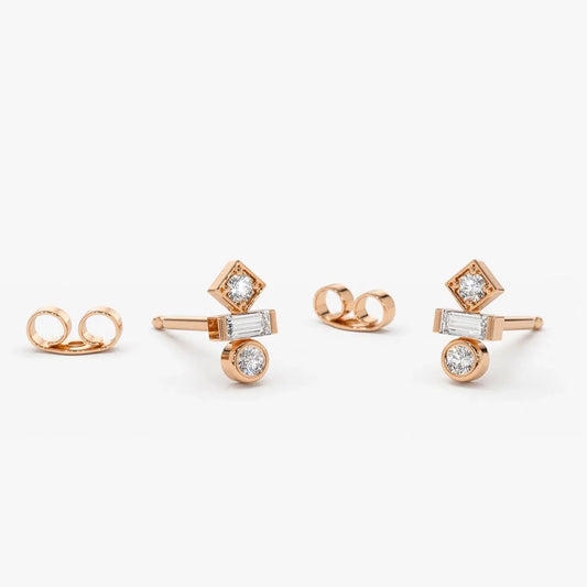 14k Gold Diamond Baguette and Round Cut Earrings Bezel Micro Prong 0.19 ctw