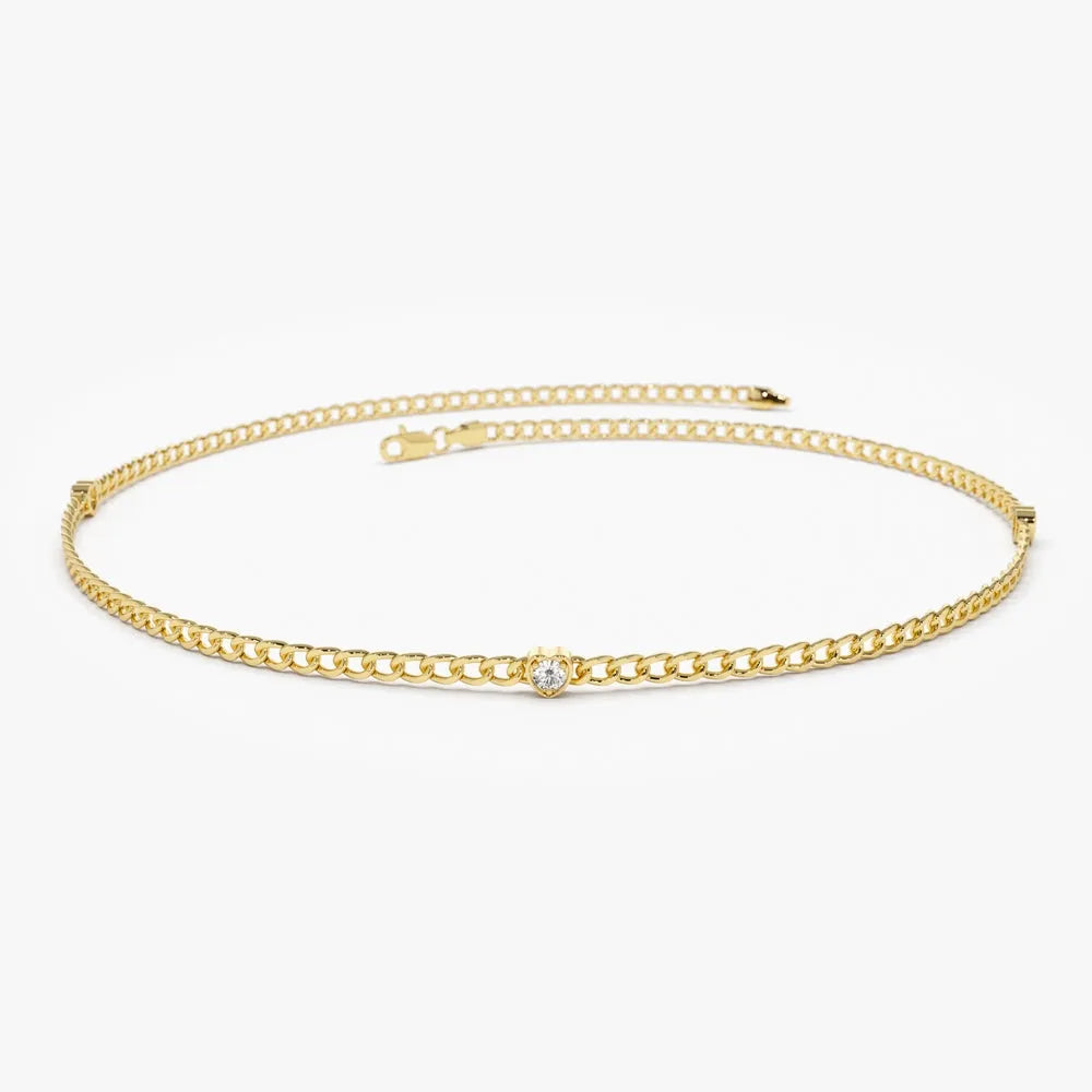 14K Solid Gold Round Diamond Heart Bezel Cuban Curb Link Bracelet 0.17 Carat