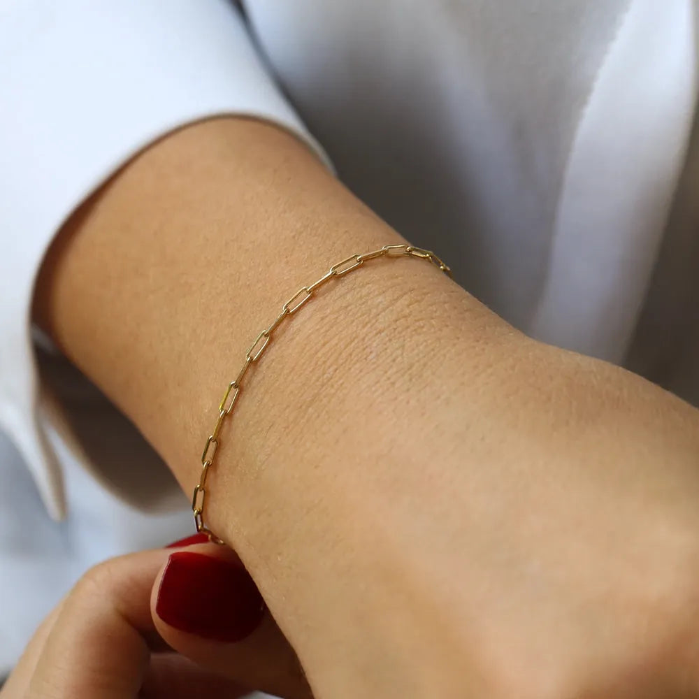 14K Solid Gold Tiny Paper Clip Link Chain Bracelet