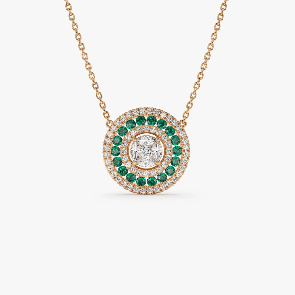 14k Solid Gold Round Marquise and Princess Cut Diamond 0.45 CTW Emerald 0.30 CTW Illusion Setting Necklace