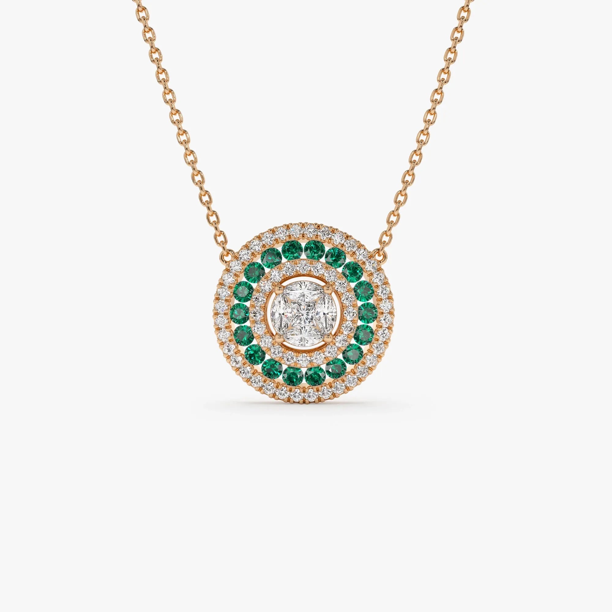 14k Solid Gold Round Marquise and Princess Cut Diamond 0.45 CTW Emerald 0.30 CTW Illusion Setting Necklace