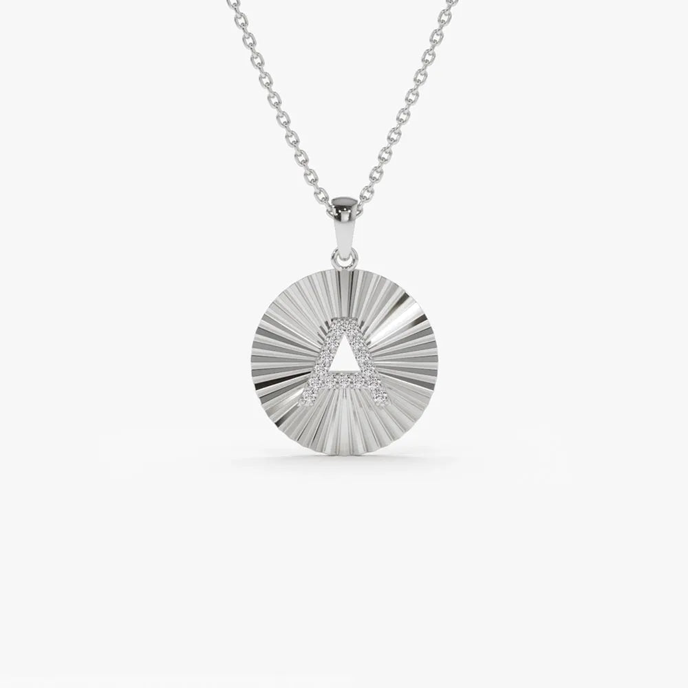 14K Solid Gold Round Diamond Initial Disc Pendant Necklace 0.10ctw