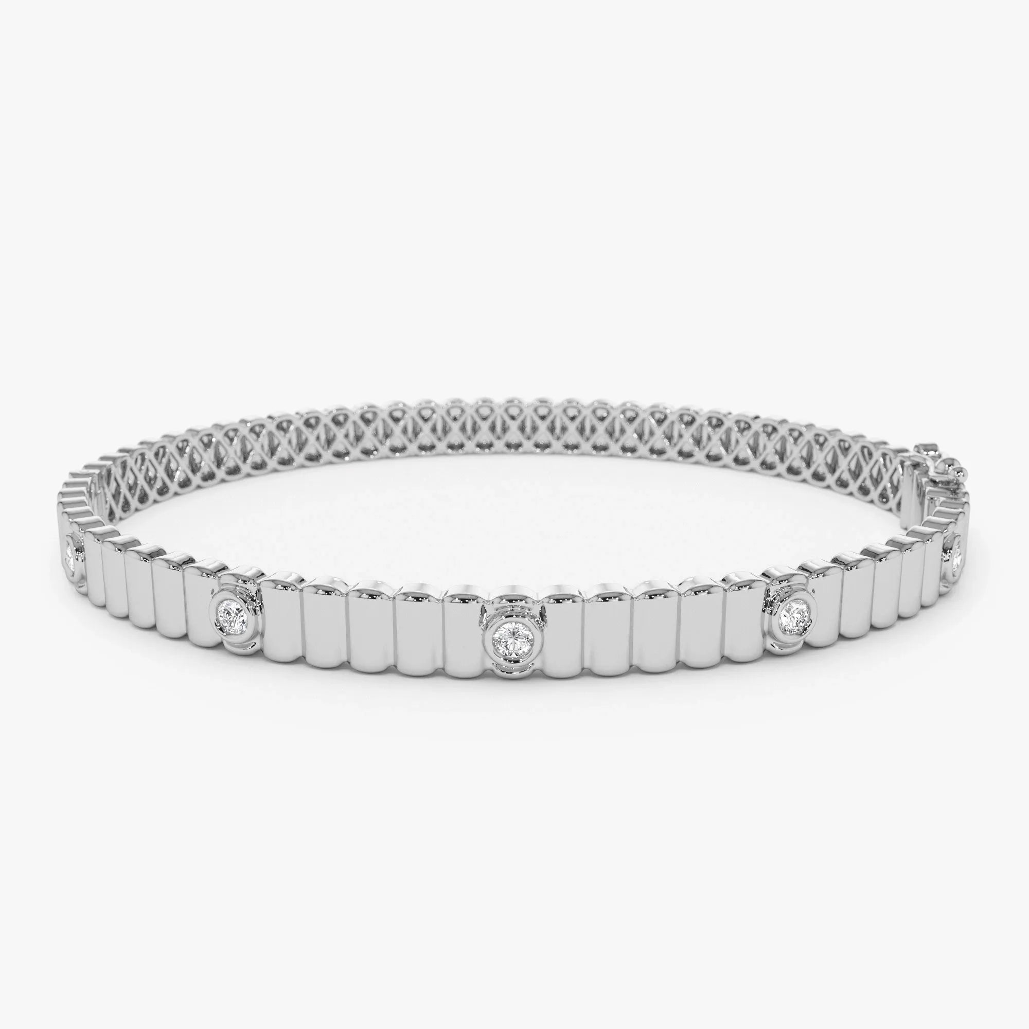 14K Solid Gold 0.14 CTW Round Diamond Ribbed Bangle