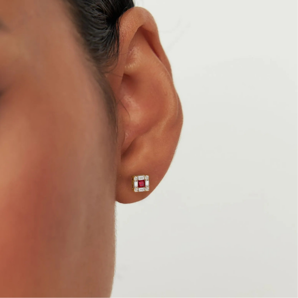 14k Gold Ruby and Diamond Princess Cut Halo Stud Earrings 0.37 ctw