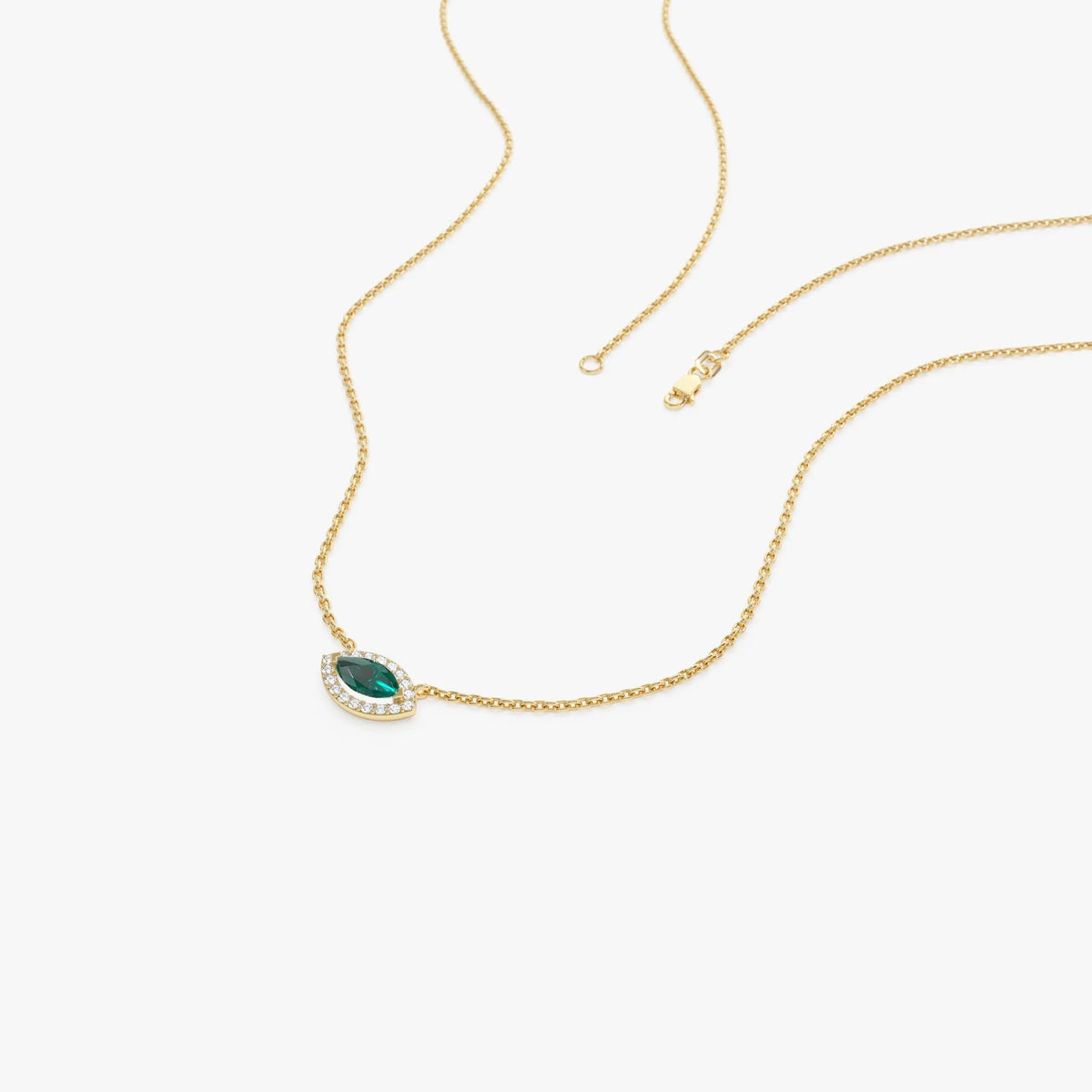 14k Solid Gold Marquise Emerald and Round Diamond 0.30 CTW Halo Pendant Necklace Prong Setting