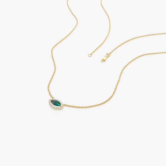 14k Solid Gold Marquise Emerald and Round Diamond 0.30 CTW Halo Pendant Necklace Prong Setting