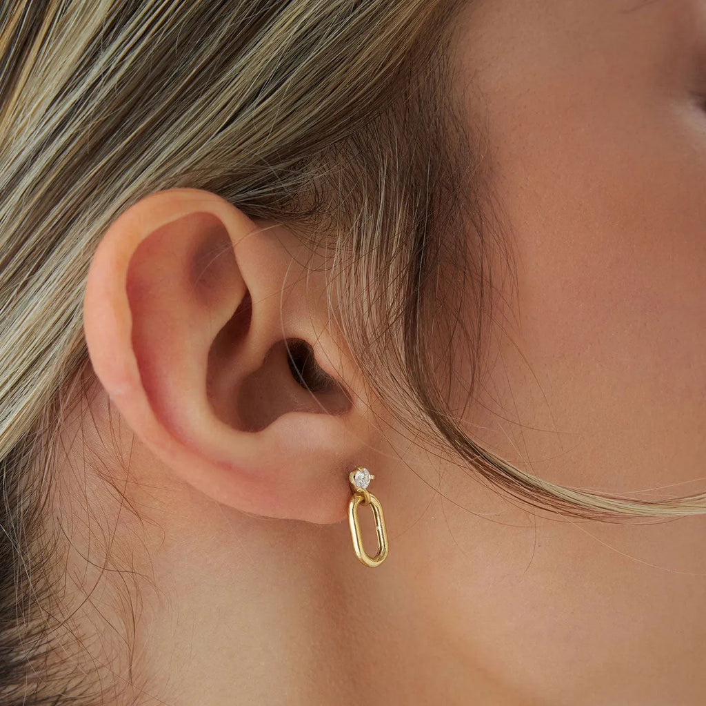 14k Gold Diamond Round Cut Dangling Oval Link Earrings 0.20 ctw