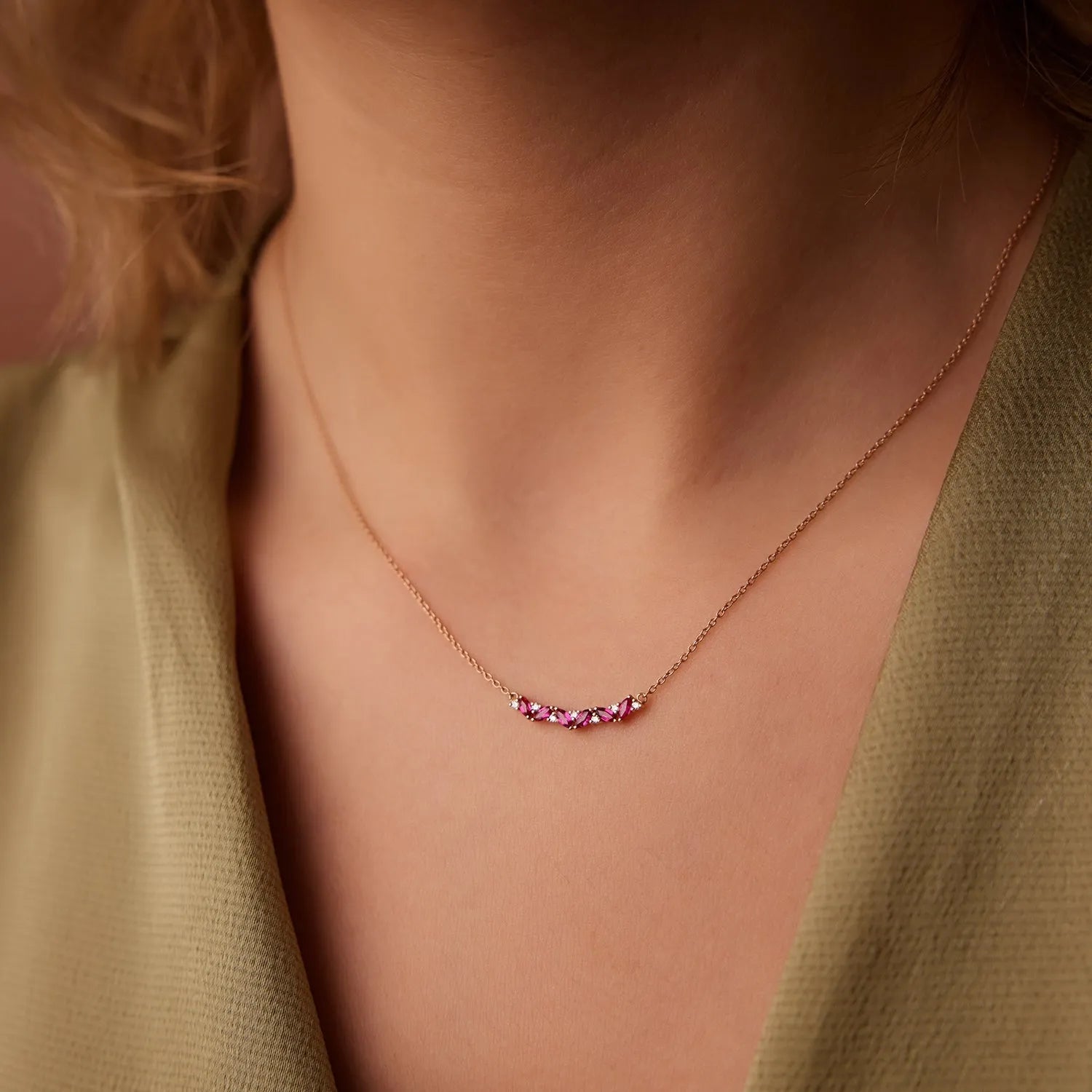 14k Solid Gold Ruby and Diamond Marquise Round Slanted Necklace 0.37 Carat