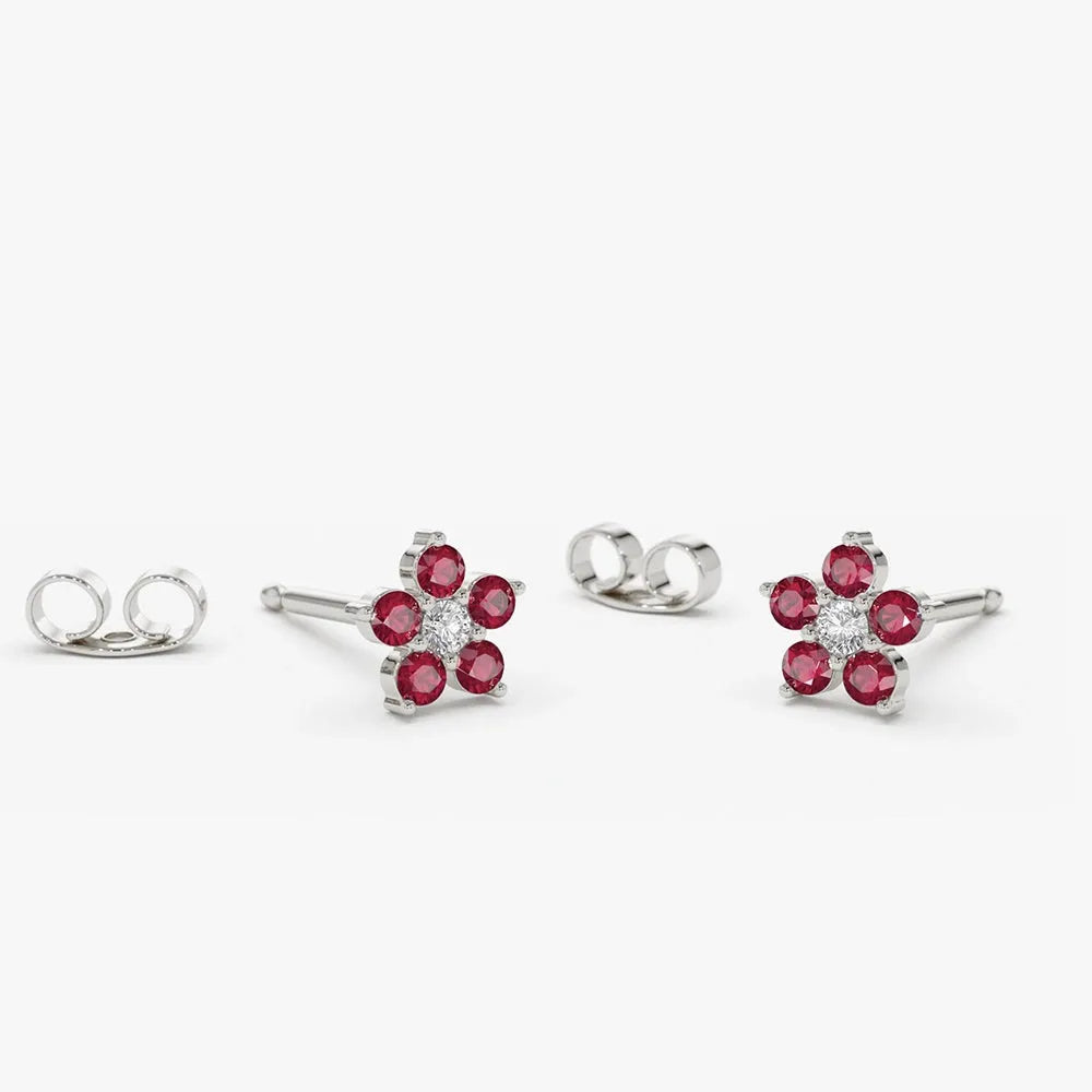 14k Gold Ruby and Diamond Round Cut Flower Stud Earrings 0.32 ctw