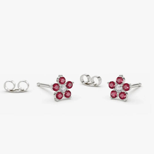 14k Gold Ruby and Diamond Round Cut Flower Stud Earrings 0.32 ctw