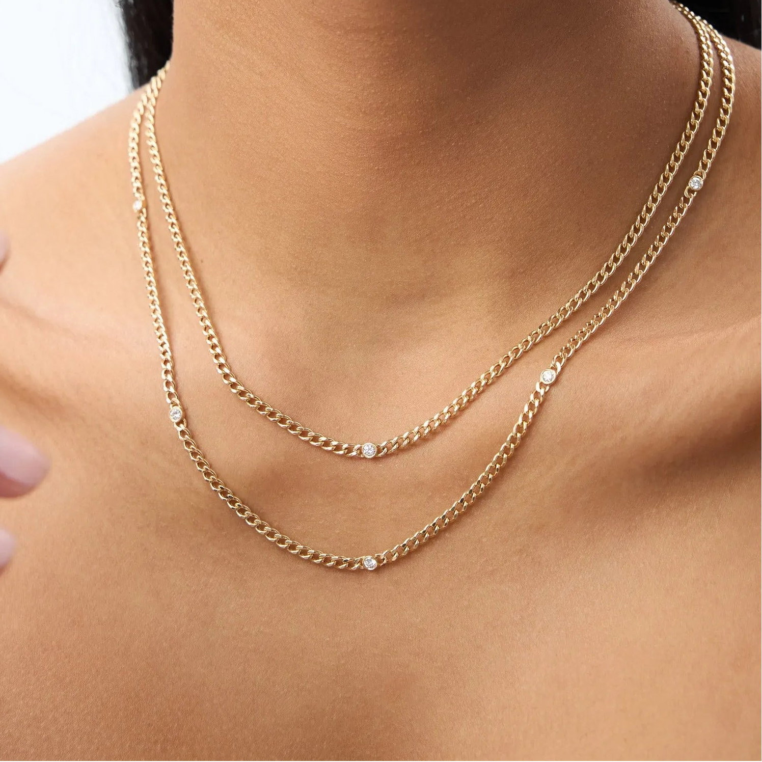 14K Solid Gold Round Diamond Cuban Link Necklace Bezel Set 3mm 0.30cttw